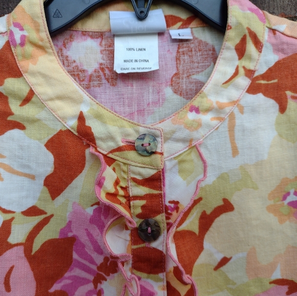 Hot Cotton 100% Linen Floral Ruffle Blouse L - Picture 5 of 9